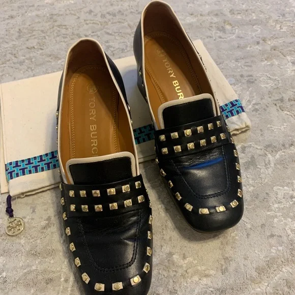 Tory Burch Black Studded Loafers with Gold Details - Picture 4 of 10
